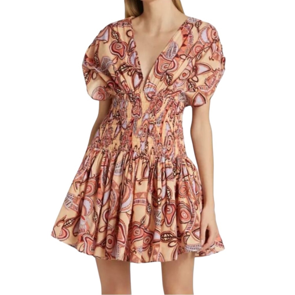 ALC Luna A-Line Cotton Mini Dress Size 14 V-Neck Smocked‎ Multicolor Cap Sleeve